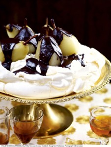 Willie Harcourt-Cooze's Poached Pear Pavlova with a Bitter Chocolate Sauce Recipe