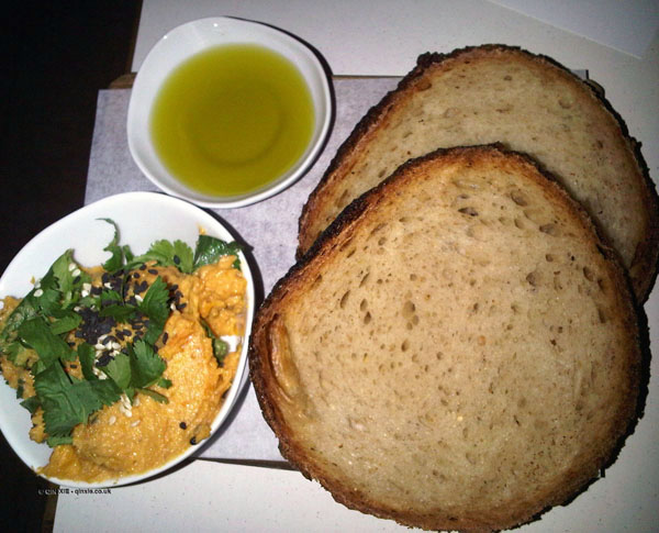 Bread, butternut squash dip and olive oil at Nopi