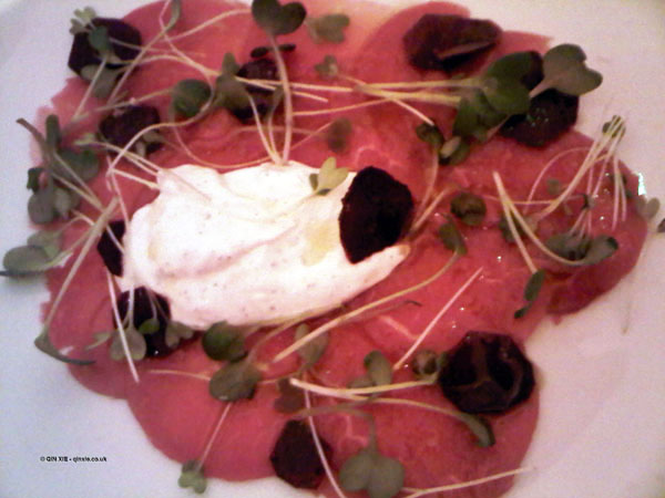 Rose veal carpaccio, beetroot, kashk at Nopi