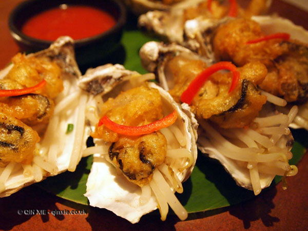 Maldon rock oyster in soda batter with bean-sprout and chilli sauce at Patara, Greek Street