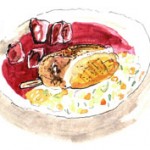 Illustration of Telamara Farm duck confit on a casserole of Tarbais beans and Lincolnshire roots at Philip Britten lunch, Fortnum & Mason