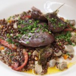 Pan roasted, quick smoked pigeon breasts with creamy lentils, broad beans, sage and bacon at River Cottage Axminster