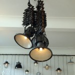 Steampunk style hanging lights at The Corner Room