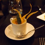 Cream of butternut squash soup with honey and sage and parsnip crisps at The Lawn Bistro