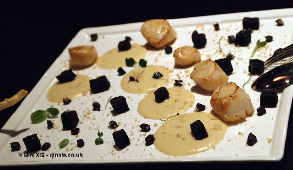 Scallops with hazelnut cream and amarone apples at Dego, London