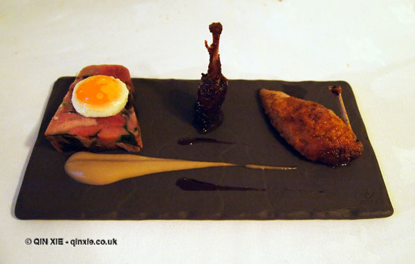 Quail with terrine forestiere, braised leg, fried egg at thirty six by Nigel Mendham, Dukes Hotel