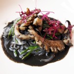 Cuttlefish ink laksa, grilled cuttlefish, harusame noodles, monksbeard, salted liquorice macadamia, natural wine dinner at The Modern Pantry
