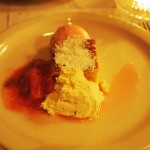 Mahlab madeira cake & vanilla cream, poached rhubarb, sloe gin sorbet, natural wine dinner at The Modern Pantry