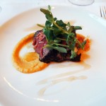 Pink peppercorn dusted beef fillet, tamarind & shallot puree, vanilla verjus dressing, natural wine dinner at The Modern Pantry