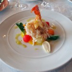 Flaked Devon crab with melon and fresh almonds, served with a marinated prawn, The Waterside Inn, Bray