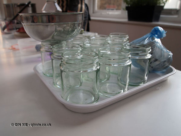 Empty jars ready for jam, jam making with Vivien Lloyd