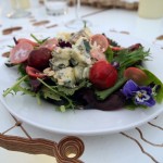Mixed leaf salad with Strathdon blue cheese, pickled cherries and radishes, toasted oats and violas, British night, Global Feast 2012