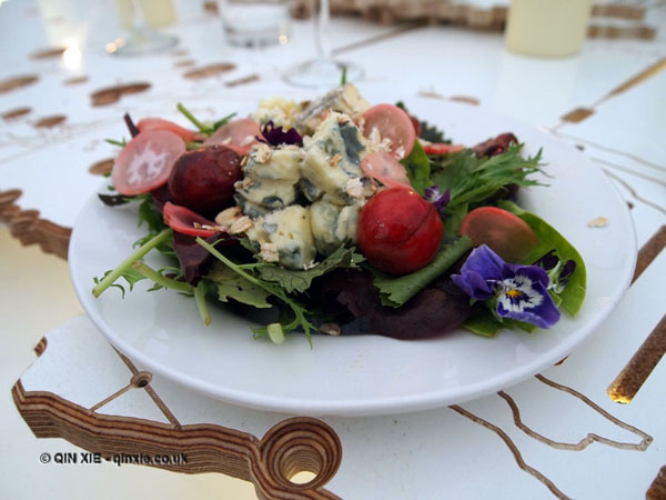 Mixed leaf salad with Strathdon blue cheese, pickled cherries and radishes, toasted oats and violas, British night, Global Feast 2012