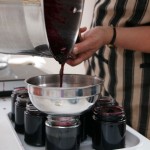 Pouring jam into jars, jam making with Vivien Lloyd