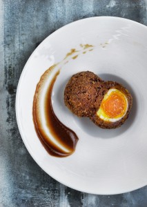 Smoked venison Scotch egg with espresso brown sauce