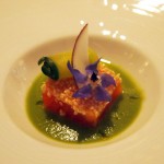 Wild salmon, coconut, wasabi, curry, salad, Champagne Duval-Leroy lunch at The Greenhouse, Mayfair