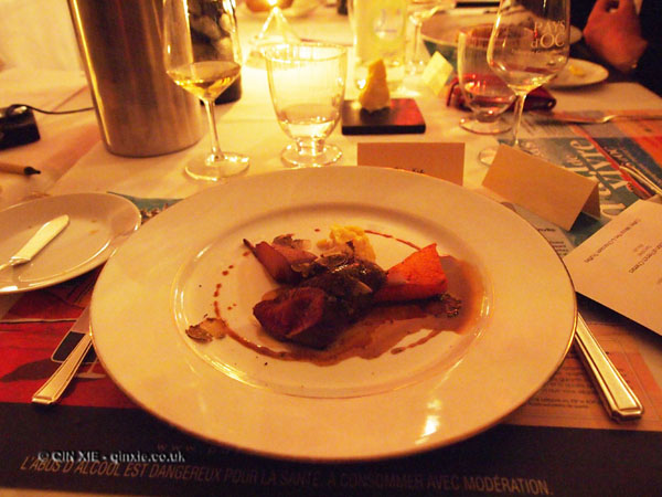 Roast loin of highland venison, celeriac and truffle puree, caramelized pumpkin and poached Williams pear, venison jus, Pays d'Oc dinner at Gauthier Soho