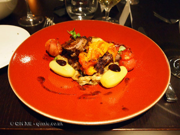 Grilled cannon of lamb, saffron potatoes, pipperade and olives, Languedoc wines at Apero, Ampersand Hotel