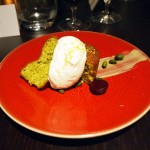 Pistachio and olive oil cake with vanilla ice cream, Languedoc wines at Apero, Ampersand Hotel