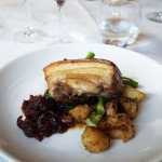 Roast Gloucester Old Spot pork belly, preserved lemon and rosemary roast potatoes with tenderstem broccoli, roast red onion and fig relish, Brancott Estate at The Modern Pantry, Clerkenwell