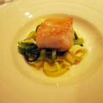 Pan-fried pollock with a vinaigrette of razor clams, barba di frate and leek hearts, Sonny's Kitchen, Barnes