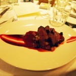 Roasted haunch of venison with beetroot puree, creamed cabbage, pickled pear and green peppercorns, Sonny's Kitchen, Barnes