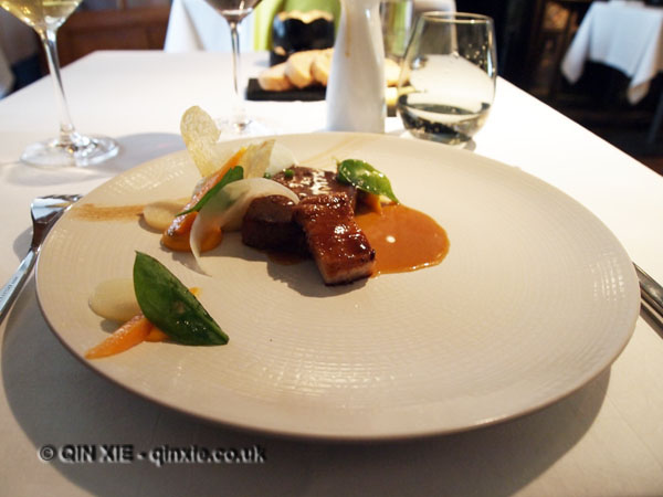 Pork belly with pork cheek, carrot puree, jus, pomme puree, spinach, carrot, Vrijmoed, Ghent