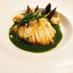 Poached and pan fried skate with mussels, cockles, watercress, smoked eel, Vrijmoed, Ghent
