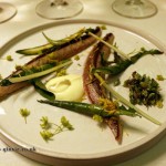 New mackerel, lightly smoked with asparagus, dandelion, maple flower, sour cream sauce, Gastrologik, Stockholm
