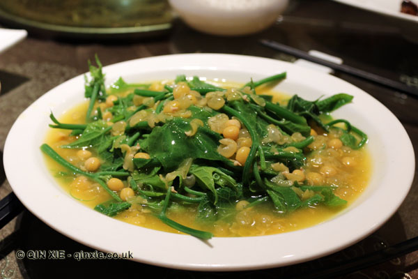 Cucumber leaf tips and sweet corn soup, Vegan Restaurant, Chengdu