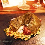 Barbecued lamb chump, violet mustard & pickled vine leaves, Mount Gay rum Storied Supper at Dabbous, London