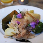 Braised squid, padron peppers, wine-braised kombu, bonito, pickled potatoes, James Ramsden's Secret Larder Supper Club