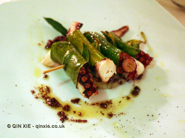 Roasted octopus in lemon leaf on potato pie with taggiasche olives and pine nuts, Osteria Cantine Cattaneo, Sestri Levante