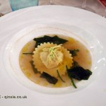 Raviolo of Florida shrimp in 'sea water', James Beard American Restaurant, Milan